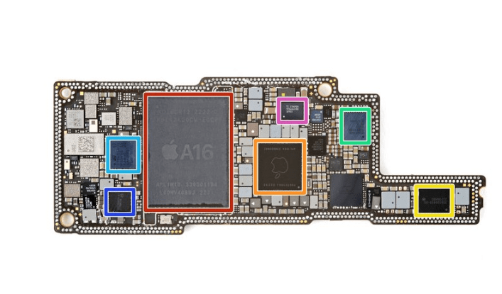 拆解蘋(píng)果14pro max 內(nèi)部主要器件：黃色 Apple 338S00839-B0 電源管理IC